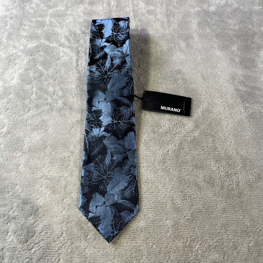 Murano Tie Necktie Blue Black Leaf Metallic Hand Finished 100 Silk Office Career